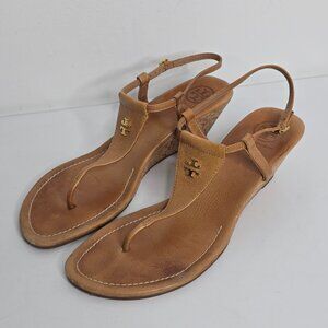 Tory Burch Britton Logo Cork Wedge Thong Sandals Size 10.5 Tan Leather 2" Heel